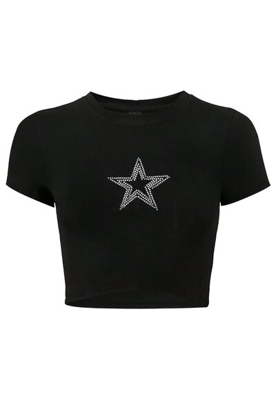 BRZ COLLECTION Tricou Crop cu imprimeu Star Crystal Stone pentru femei, negru
