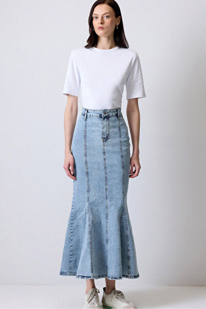 MissThetis Yüksek Bel Fermuarlı Düğmeli Cepsiz Midi Boy Basene Oturan Etek Ucu Volanlı Balık Kesim Denim Etek