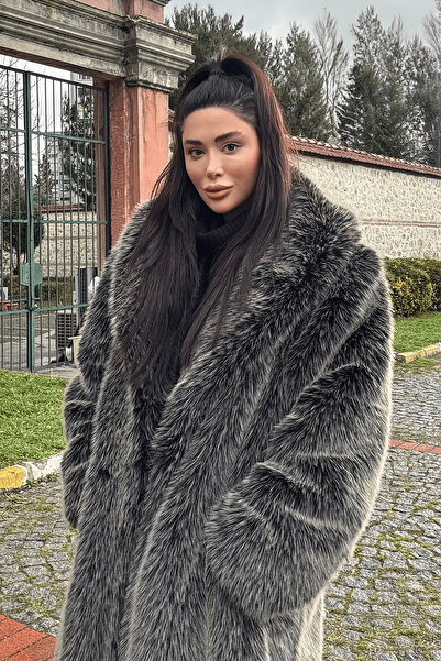 Açelya Okcu Premium Şal Yaka Mob Wife Suni Kürk Maxi Kadın Kaban