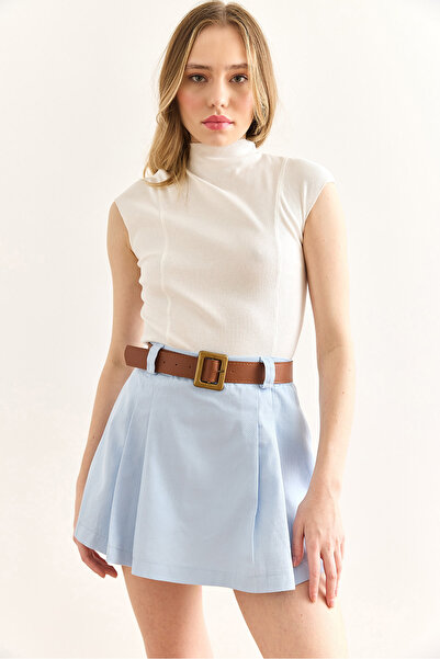 Olalook Kadın Mavi Kemerli Gabardin Şortlu Etek ETK-19000324