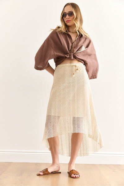 Olalook Women's Stone Lacing Detailed Lined Asymmetrical Cut Guipure Skirt Etk-19000325