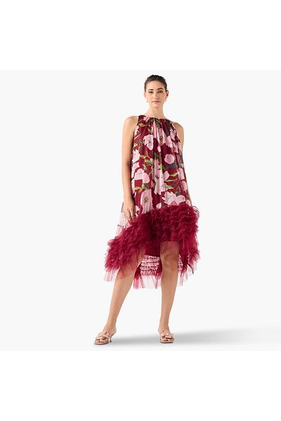 2Xtremz 2Xtremz Floral Print Sleeveless Midi Dress with Tulle Detail
