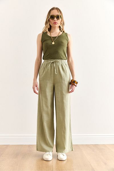 Olalook Women's Khaki Pocket Lined Elastic Waist Linen Content Loose Wide Leg Pants Pnt-19000345