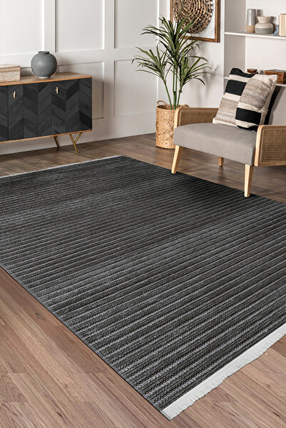 dekozer Lidya Antrasit Pamuk Dokuma Yumuşak Halı | Kaymaz Tabanlı, Yıkanabilen Modern Tasarımlı Kilim
