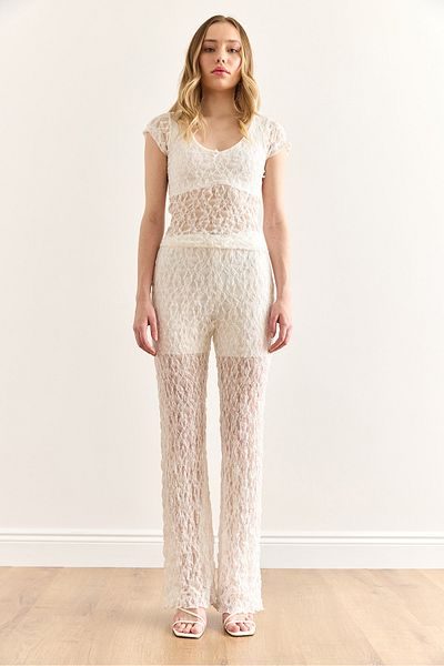 Olalook Women's White Lined Lycra Lace Pants Pnt-19000347