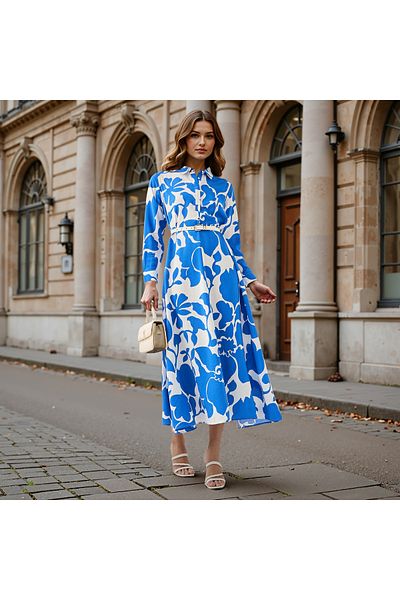 Iconic Iconic Floral Print Trapeze Midi Dress with Collar and Long Sleeves