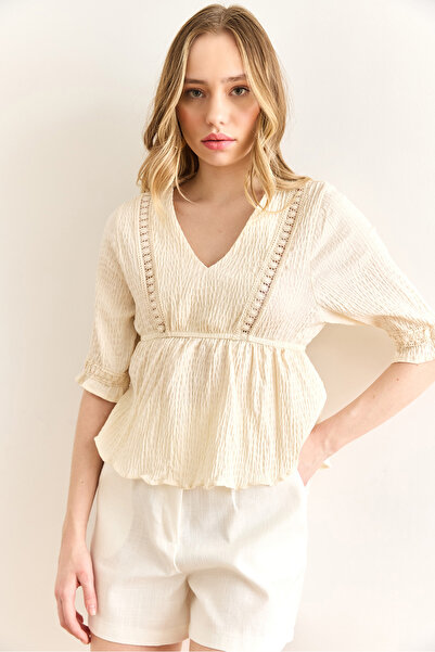 Olalook Γυναικεία πέτρινη μπλούζα με λεπτομέρεια V-λαιμόκοψη με ελαστική μέση BLZ-19003007