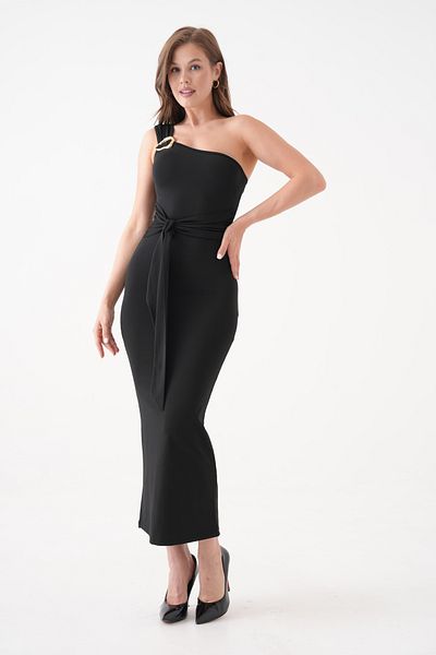 WOMAN VISION Women's Sandy Fabric Off Shoulder and Gold Accessories and Belted Design Black Dress 9026