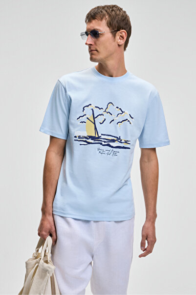 GRIMELANGE PROVENCE Erkek Bisiklet Yaka %100 Organik Pamuklu Regular Fit Mavi T-Shirt