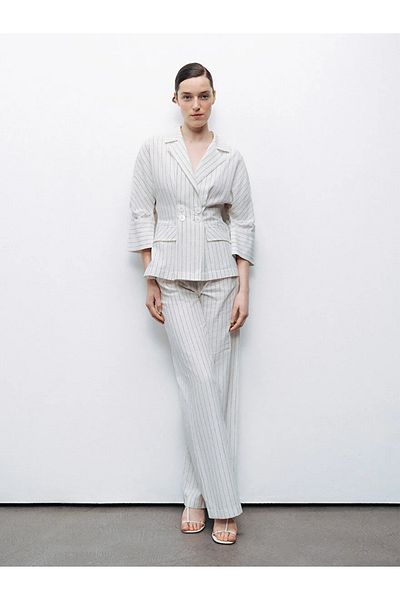 Nocturne Women's Comfortable Fit Stripe Patterned Pocket Detailed Shirt Collar Long Sleeve Ecru Jacket N25Yn5280-Variant