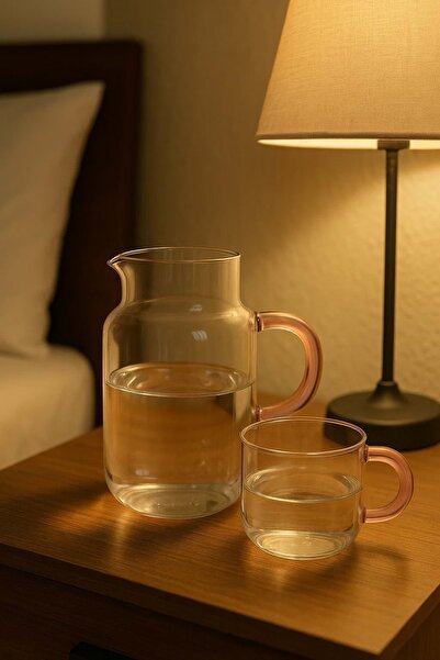 Jenisa Cam Başucu Sürahi Bardaklı Pembe Detaylı