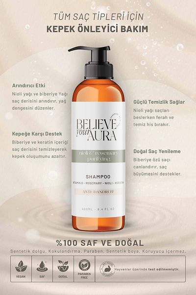 Believe Your Aura Nioli & Rosemary Oil Shampoo - Anti-Dandruff Purifying Natural Hair Care Shampoo - 400 ml