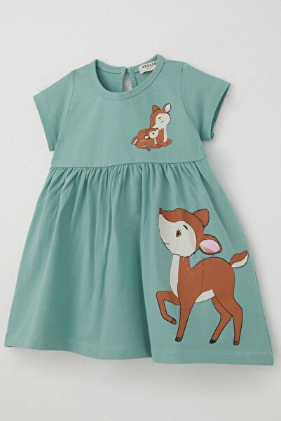Breeze Girl's Dress, Cute Gazelle Printed, 1.5-5 Years, Mint Green