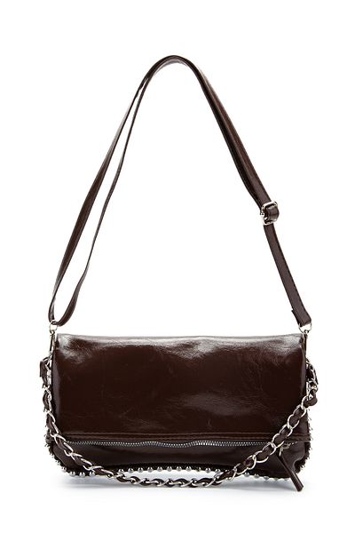 minebag Metal Bead Detailed Double Strap Faux Leather Women's Crossbody Bag Jackie Patent Leather Brown