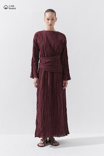 Hooopstore Βαμβακερό Voile Βουργουνδία Φόρεμα με ζαρωμένη εμφάνιση