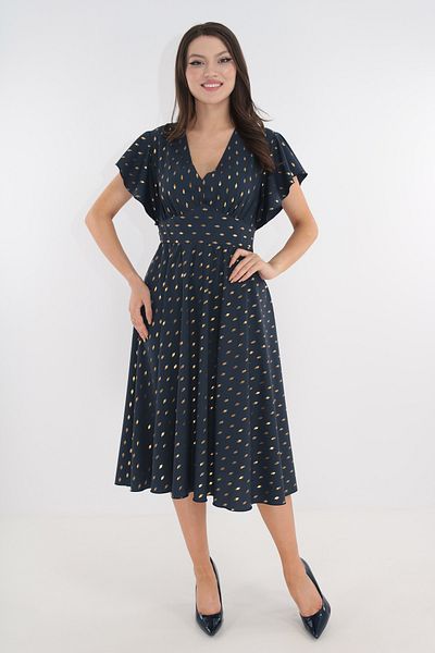 Vanessa Line RO Elegant navy blue wrap dress with gold print