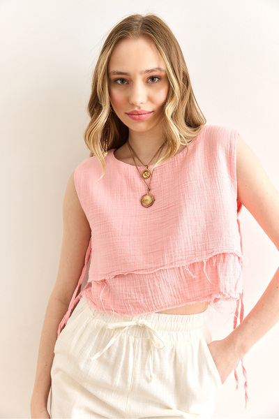 Olalook Rosa doppellagige Musselinkleidung mit Schmutznaht-Spitze und detaillierter Schnürung für Damen BLZ-19002924