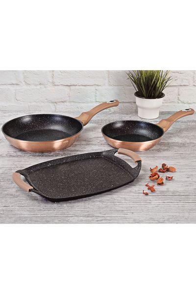 Berlinger Marble Pan Set Grillpan 3 Pcs Nonstick Rosegold Metallic Line Induction All Stoves