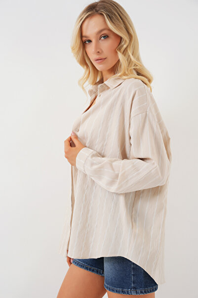 Bigdart Kadın Çzigili Oversize Gömlek 20293 - Krem