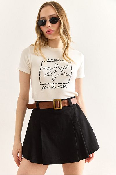 Olalook Women's Black Belted Gabardine Skirt with Shorts Etk-19000324