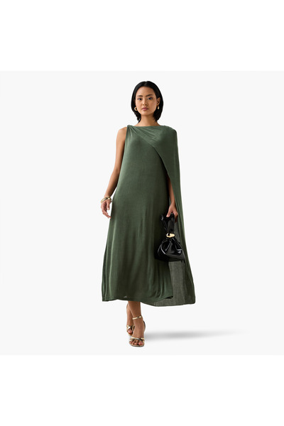 Iconic Iconic Cape Midi Sleeveless Dress with Round Neck