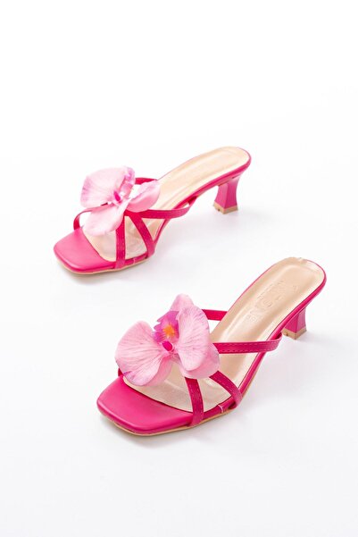 Aymood S-622 Fuchsia Orchid Detailed Thin Heeled Women's Slippers