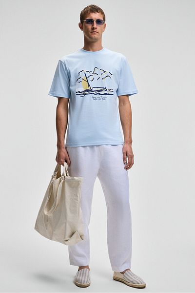 GRIMELANGE Provence Men's Crew Neck 100% Organic Cotton Regular Fit Blue T-Shirt