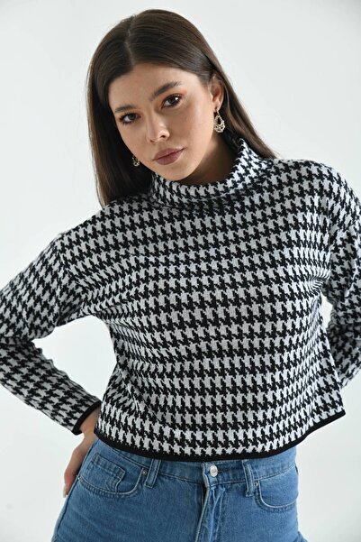 MOVİMENT Black Turtleneck Houndstooth Patterned Knitted Blouse