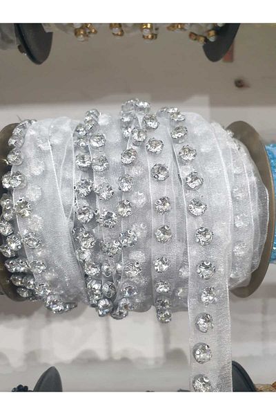 ESRA ŞELEM White Tulle Bias Stone Decorative Ribbon Sewing Accessory Applique Hobby