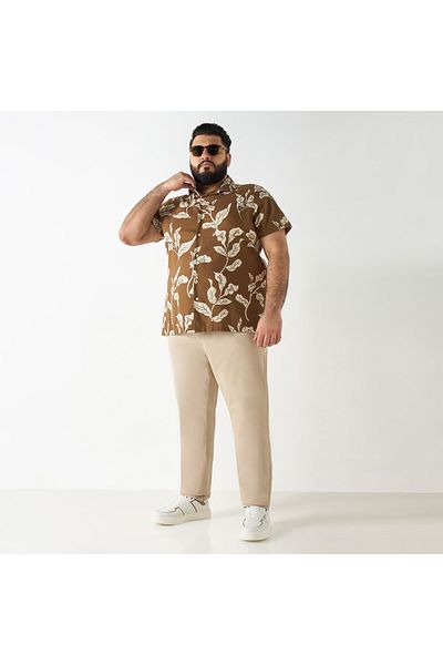 FAV Plus Size Leaf Print Linen Blend Shirt with Camp Collar and Short Sleeves