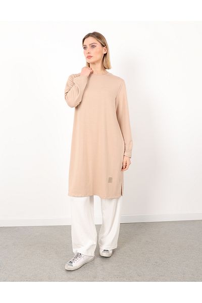 Linvey Kado Crystal Combed Cotton Crew Neck Relaxed Cut Basic Embroidered Long Tunic
