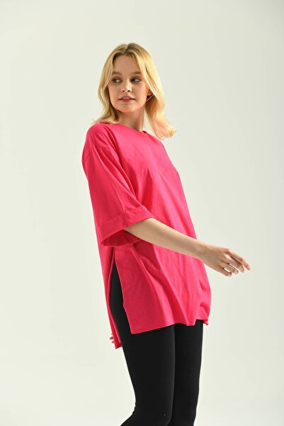 MOVİMENT Φούξια μπλουζάκι με διπλό μανίκι φαρδύ κοψίματο ασύμμετρο πλεκτό άνοιγμα