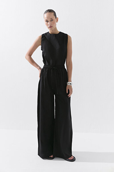 Hooopstore Lyocell Linen Flowy Elastic Black Trousers