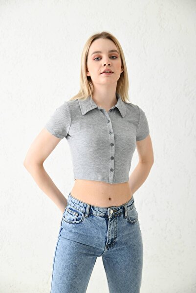 MOVİMENT Γκρι πλεκτή μπλούζα με λαιμόκοψη κοτλέ