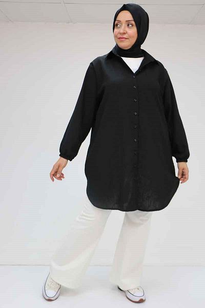Eslina 58030 Large Size Men's Collared Linen Shirt Tunic - Black