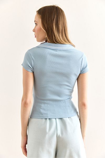 Olalook Bluză de damă, albastru bebeluș, cu guler polo, cu mânecă scurtă, din bumbac lycra BLZ-19002995