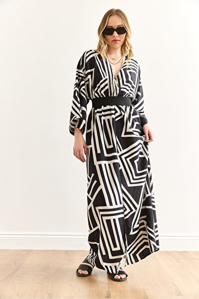 Olalook Women's Geometric Black Double Breasted Collar Elastic Waist Maxi Slit Viscose Dress Elb-19002383