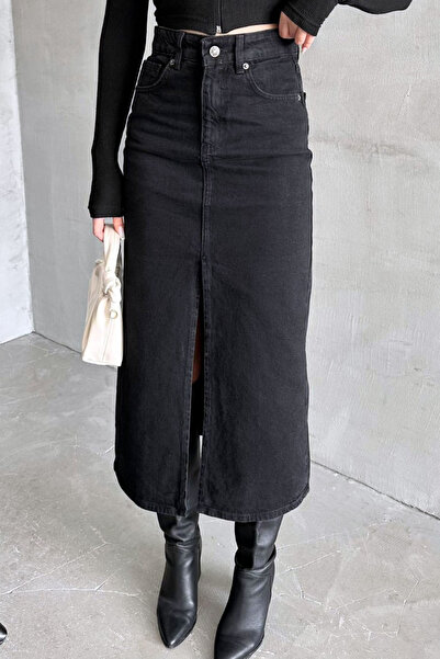 MissThetis Yüksek Bel Düğmeli Fermuarlı Çift Cepli Düz Straight Kesim Midi Bo...