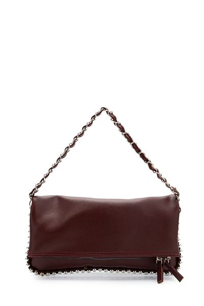 minebag Metal Bead Detailed Double Strap Faux Leather Women's Crossbody Bag Jackie Burgundy