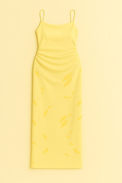 YONEZ MODA Kadın Rahat Kalıp Sarı Çiçek Baskılı Astarlı Ayarlanabilir Askılı Elbise