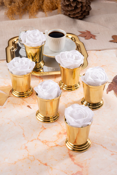Aslı Hediyelik 6-Piece Gold Rose Bucket with White Velvet Roses Presentation - Decoration