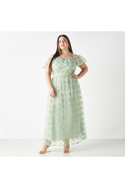 FAV All-Over Embroidered Off-Shoulder Dress with Ruffles