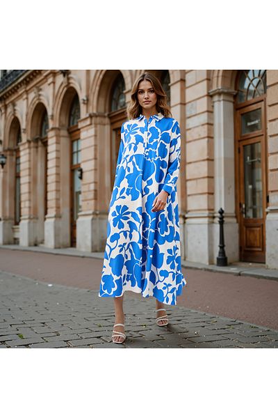 Iconic Iconic Floral Print Trapeze Midi Dress with Collar and Long Sleeves