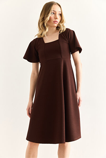 Olalook Women's Brown Sleeve Detailed Crepe Flared Dress Elb-19002427