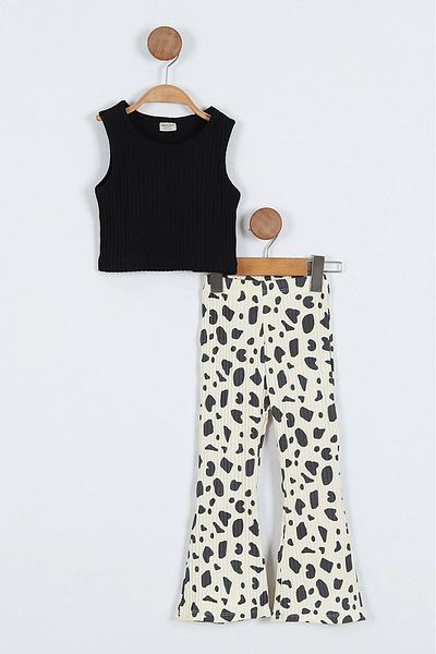 Butik Lena Ecru Black Croplu Spotted Flared Leggings Zero Sleeve Girl Suit