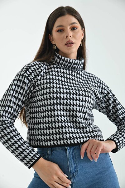 MOVİMENT Black Turtleneck Houndstooth Patterned Knitted Blouse