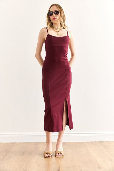 Olalook Burgunderfarbenes Midi-Stahlkleid mit Trägern und Schlitz für Damen ELB-19002430