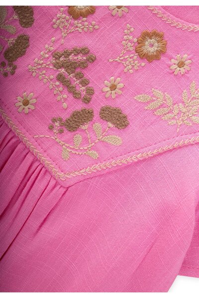 Cigit Ρόμπα Κεντητό Λινό Φόρεμα 2-7 ετών Ροζ