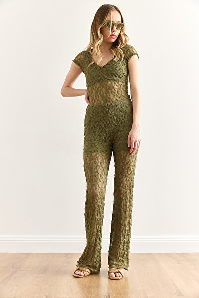 Olalook Women's Khaki Lined Lycra Lace Trousers Pnt-19000347