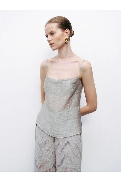Nocturne Women's Regular Fit Lightweight Degaje Collar Rope Strap Gray Blouse N25Yn6162-Gray